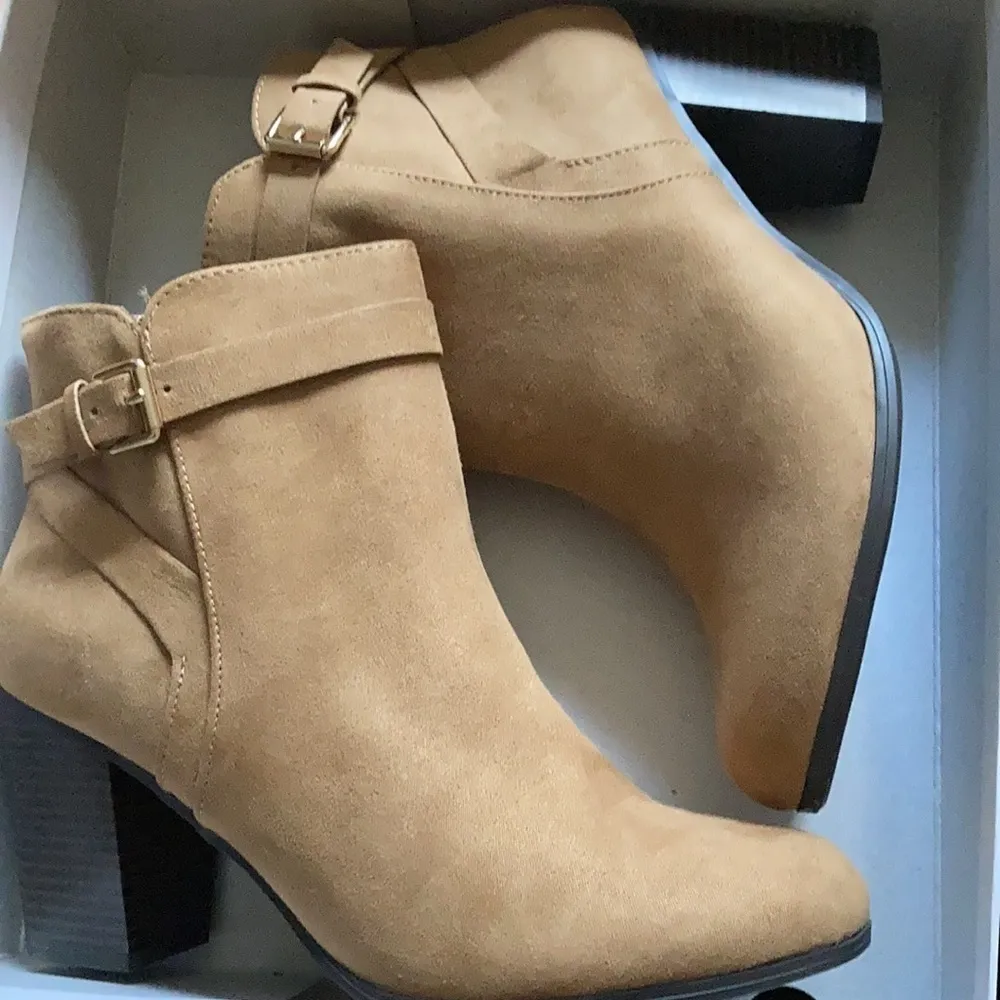 Tan stacked heel booties - Image 2