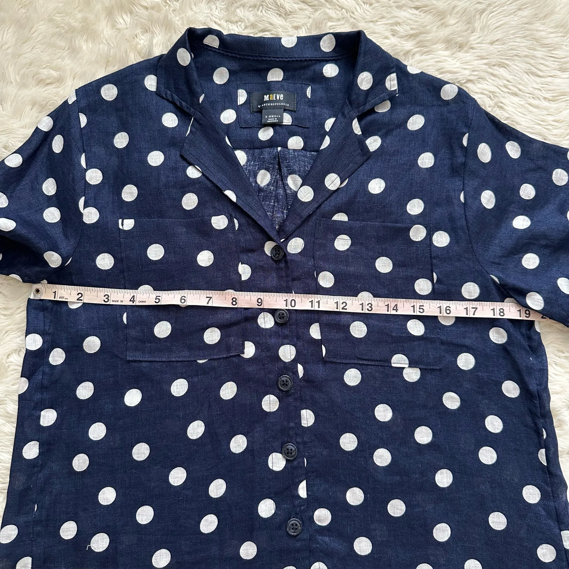 Anthropologie Maeve Top Women’s Buttondown Surf 100% Linen Navy Dot Shirt Sz XS - Image 11