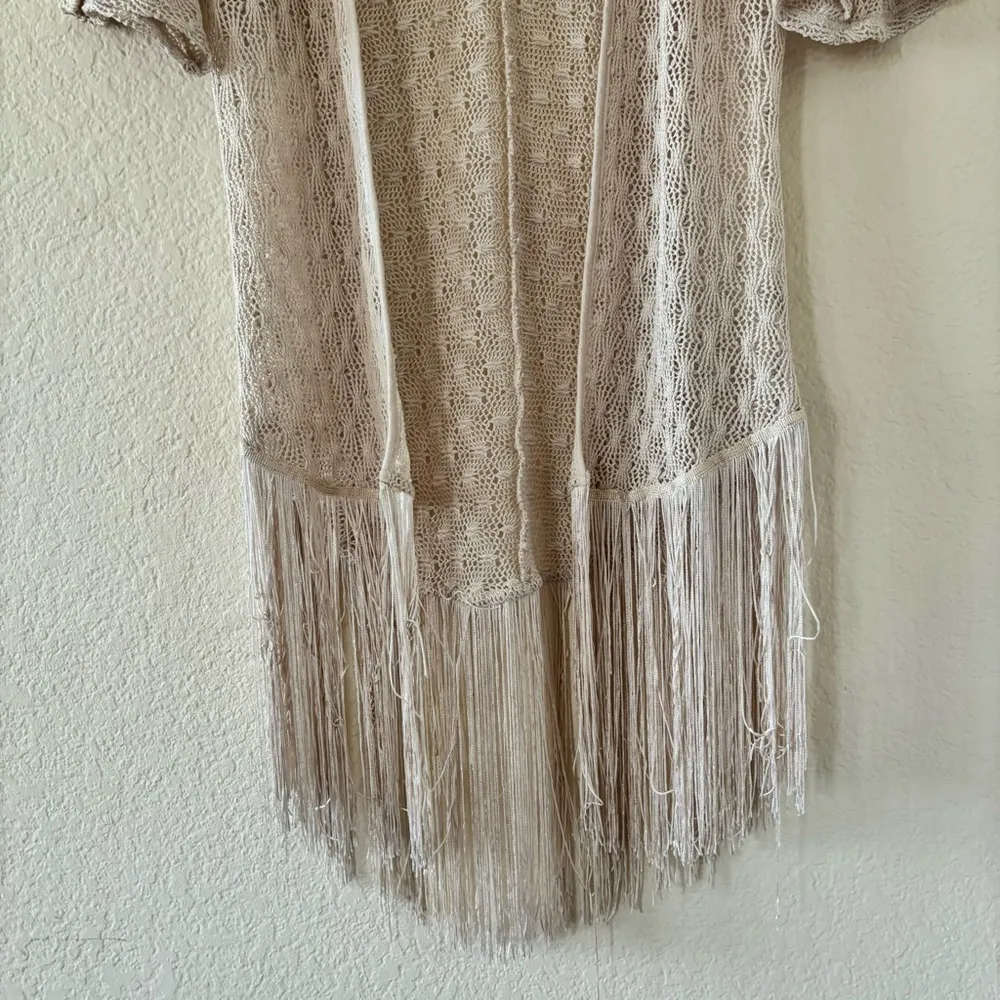 Liberty Love Womans Sz Small Cardigan Sweater Knit Open Front Fringe Trim Beige - Image 4