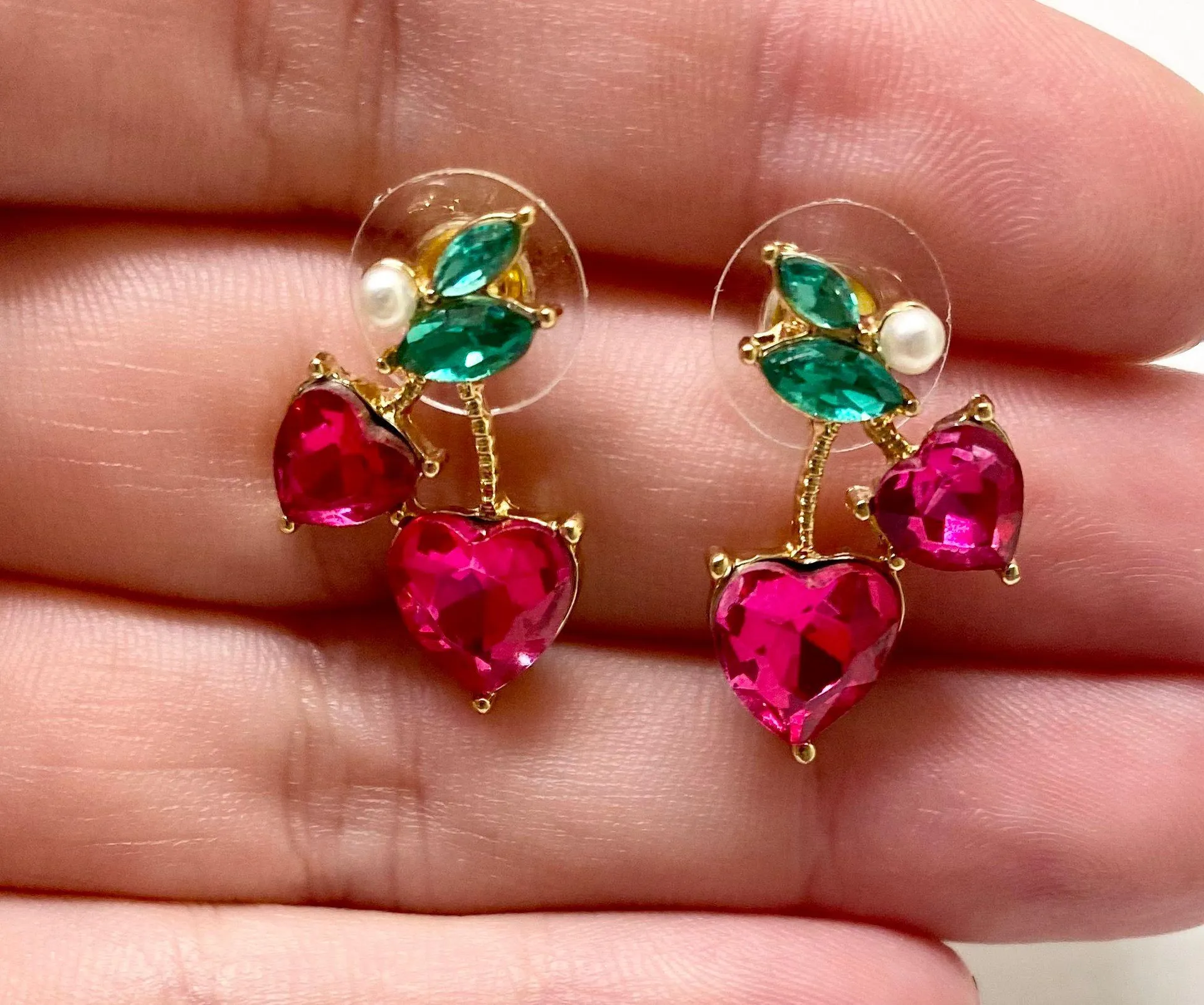 Heart Shaped Cherry Earrings Pink - Image 3
