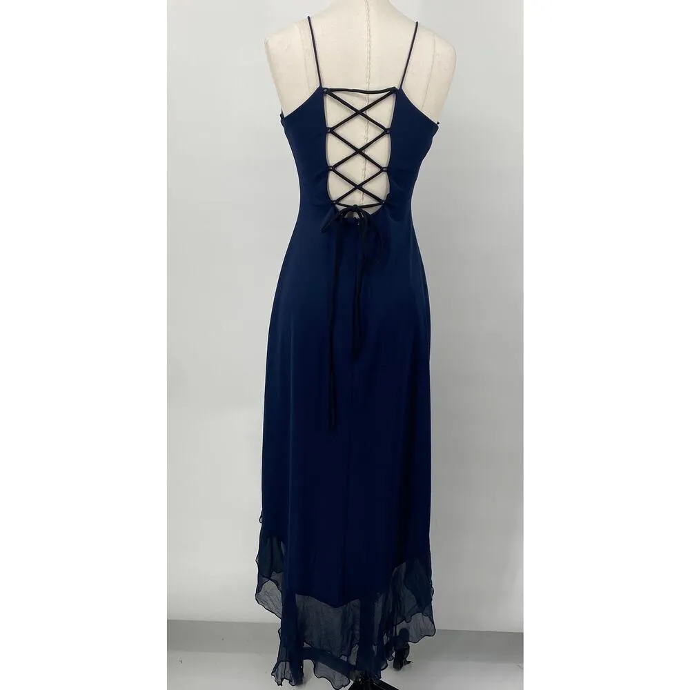 Vintage 90s Dress Beaded Neckline Corset Lace Up Back High Low Hem Navy Blue XS - Image 7