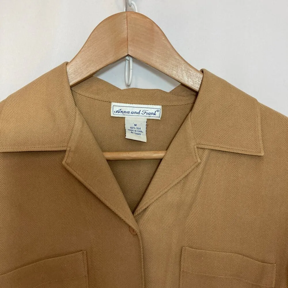 Vintage Anna and Frank 100% Silk Herringbone Cuff Sleeve Button Shirt Blouse Top Brown Size M - Image 3