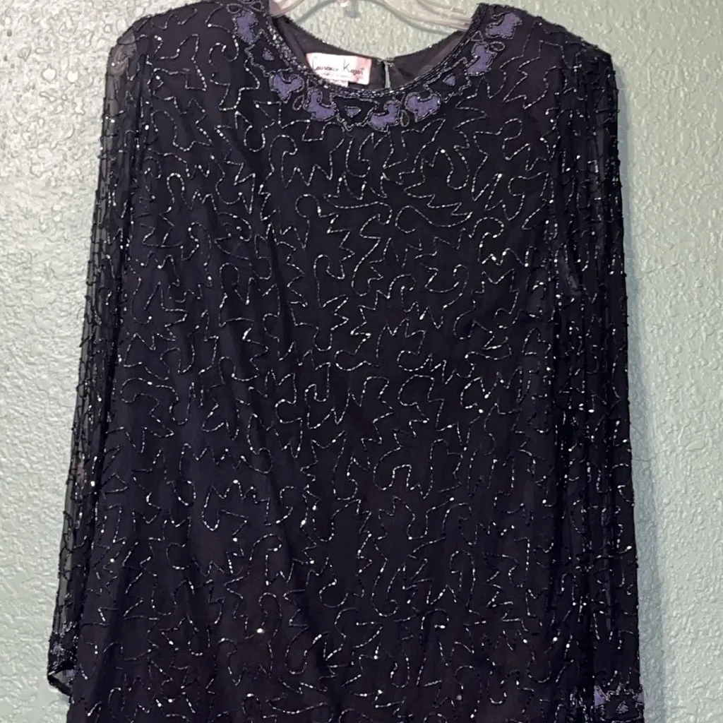 Vintage 100% SILK Black Sequin Long Sleeve Mini Dress Laurence Kazar New York - Image 3