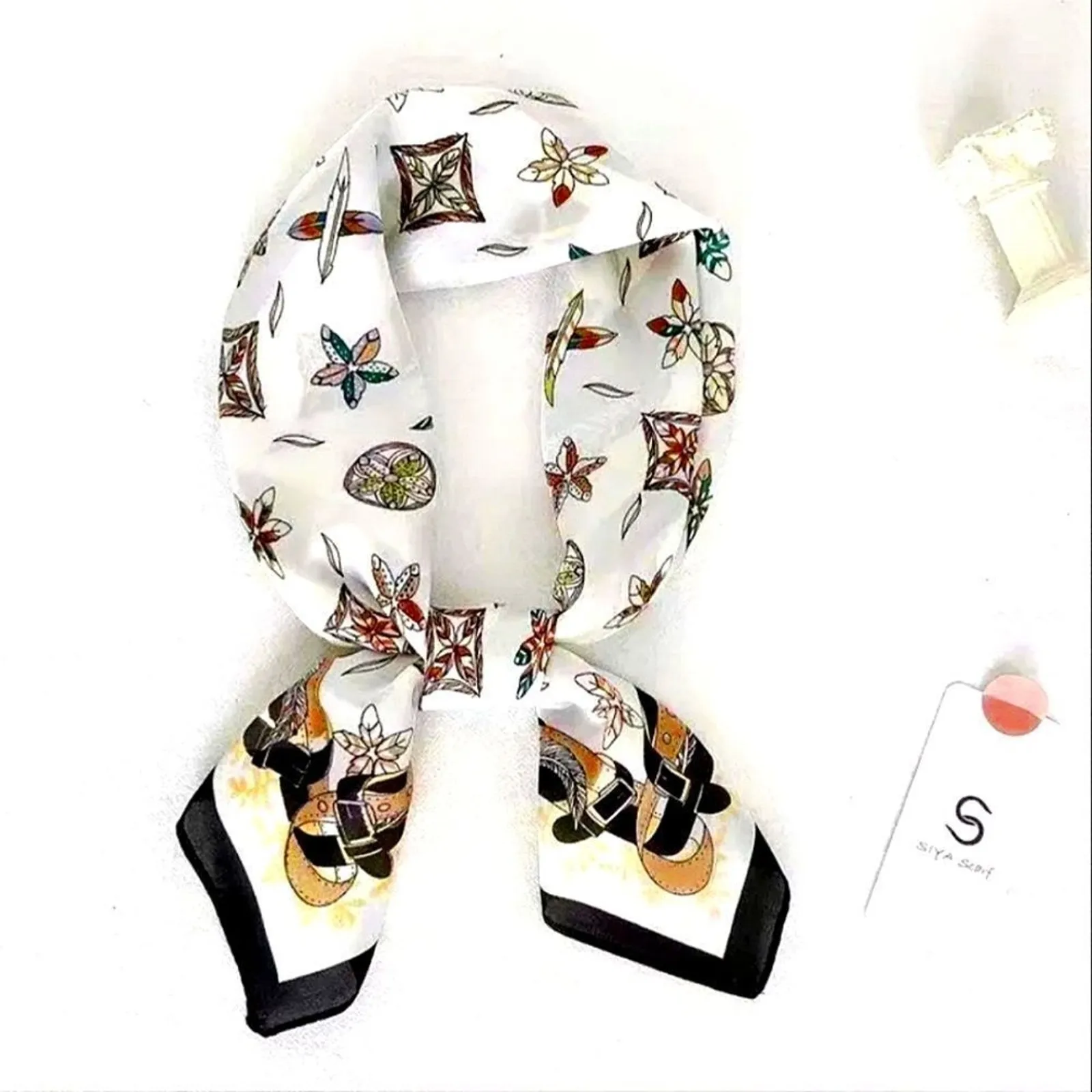 Women Scarf Bird Feathers Print Decorative Scarf Silky Satin Brown Black and Whi - Image 3