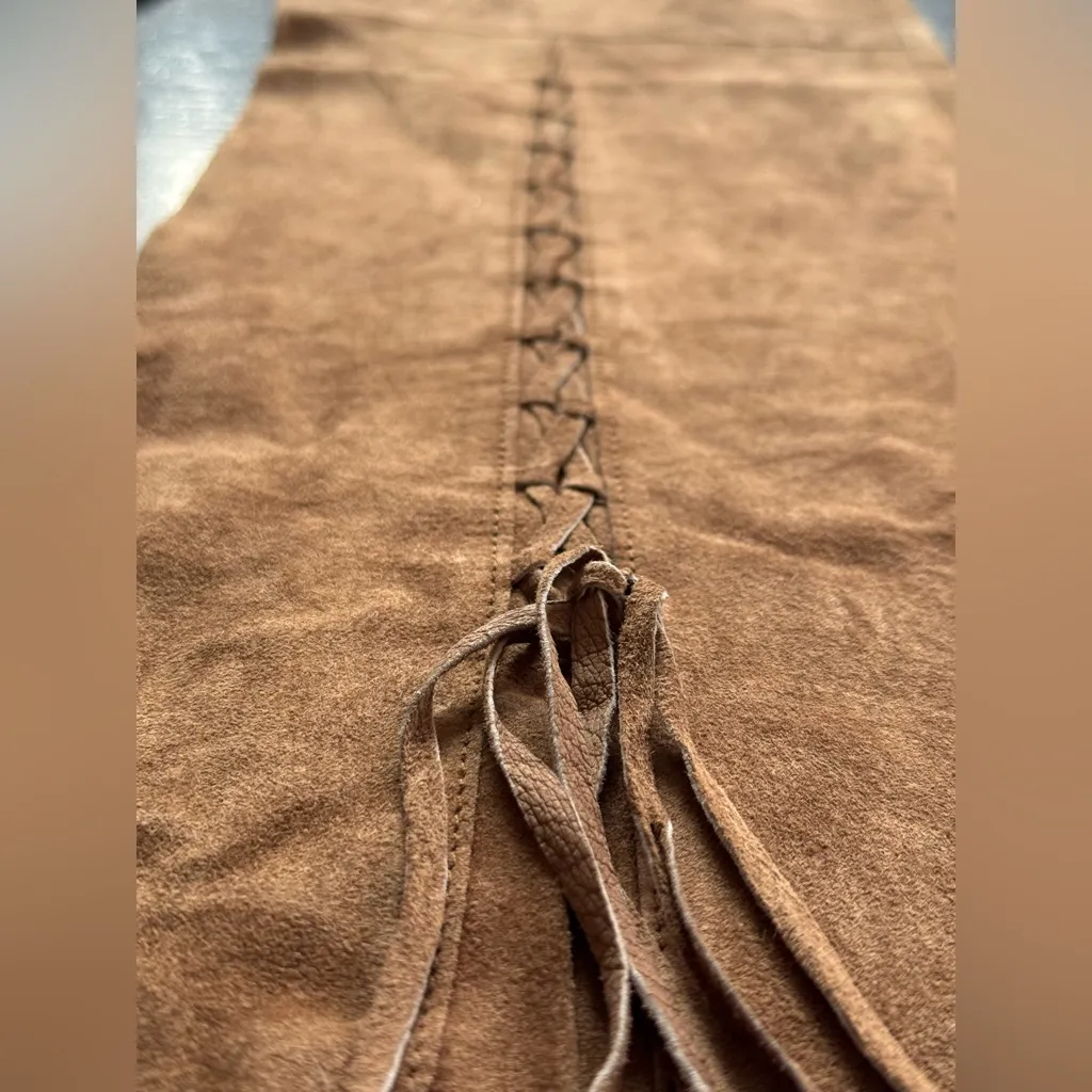 Suede leather Y2K lace up flare pants Large Tan - Image 4