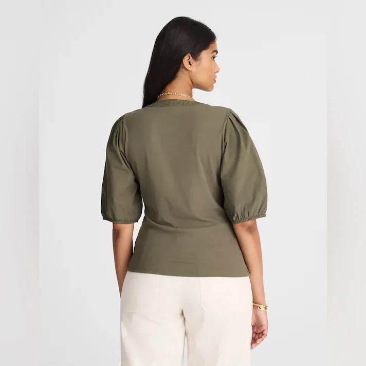 Womens Madewell Puff-Sleeve Henley Knit Top Olive Size XS NWT #NW195 - Image 4