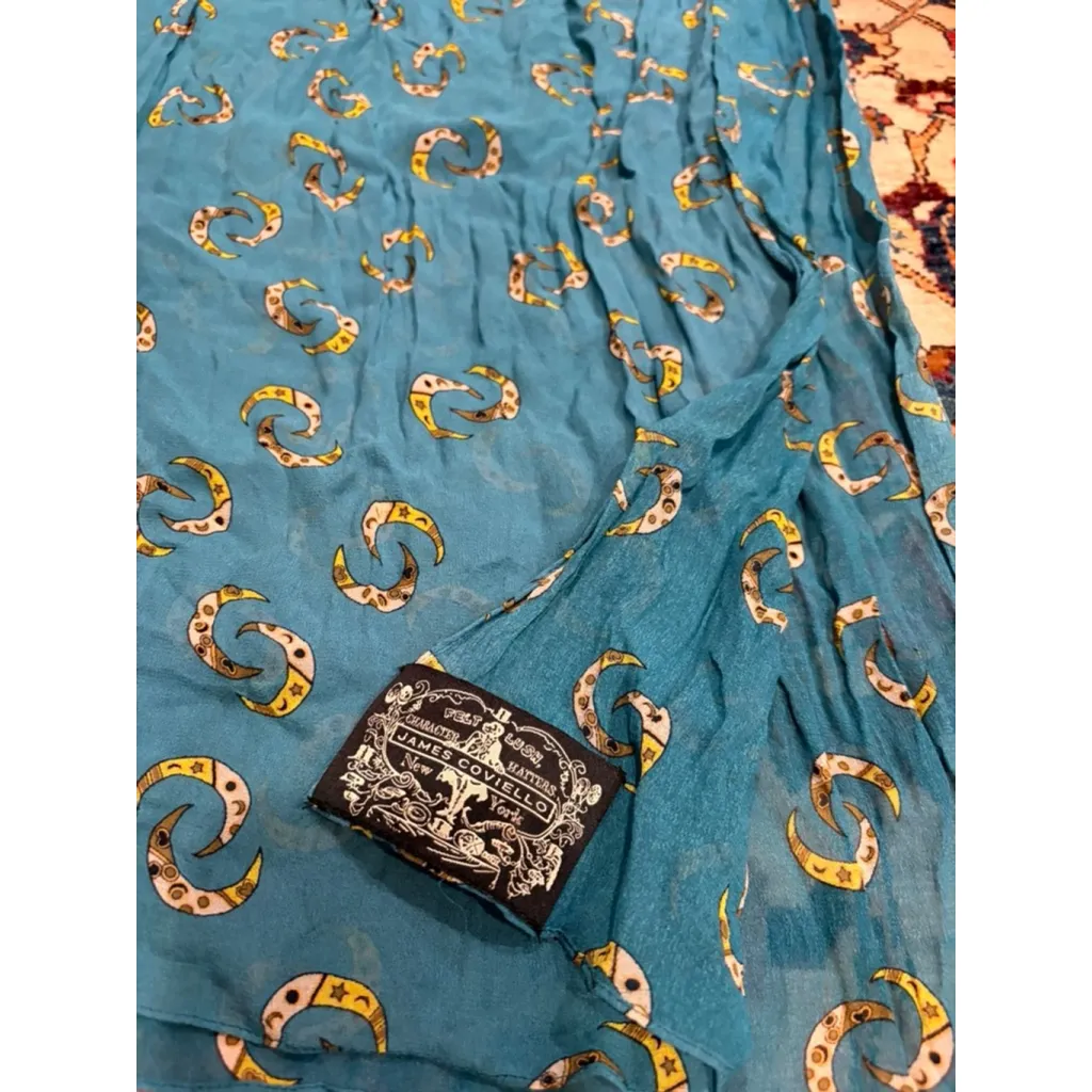 James Coviello Vintage Silk Scarf Celestial Moon Star Print Blue Teal - Image 3