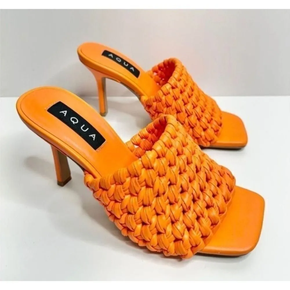 AQUA Orange Woven Heeled Mules Size 6M Square Toe Slip On Heels Sandals - Image 2