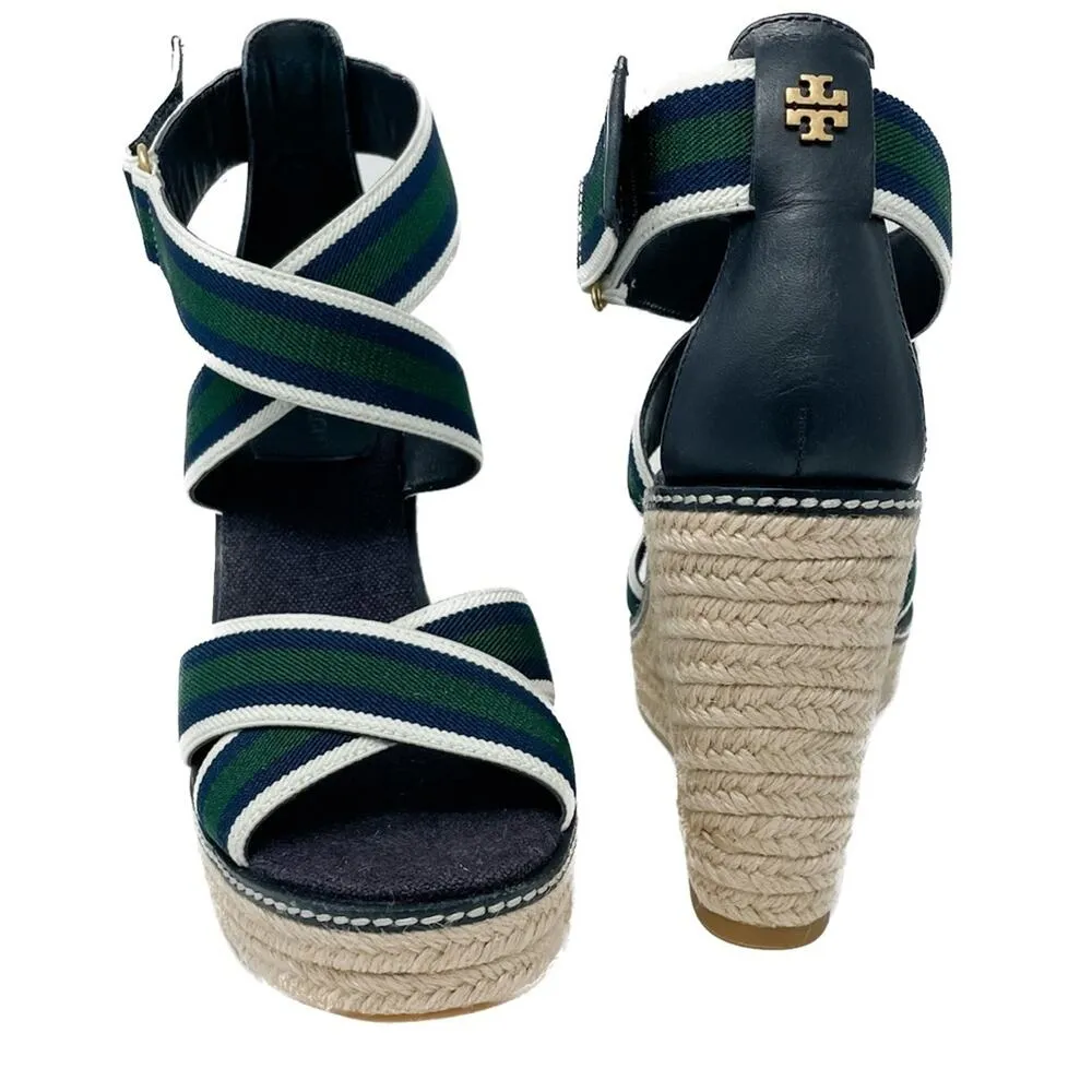 Tory Burch Frieda Green Navy White Stripe Canvas Leather Espadrilles size 9.5 - Image 8