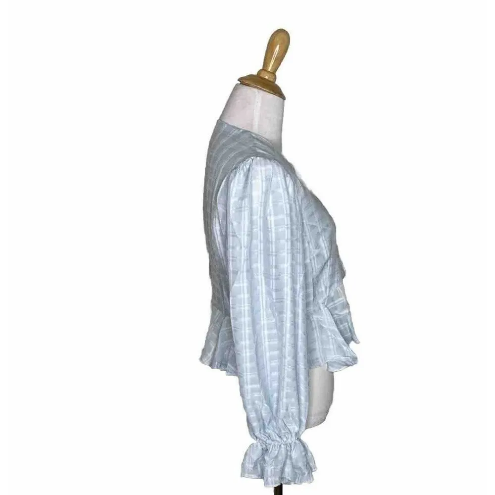 Mable Tie Front Blouse V Neck Blue Plaid Ruffle Balloon Long Sleeve Size Medium - Image 2