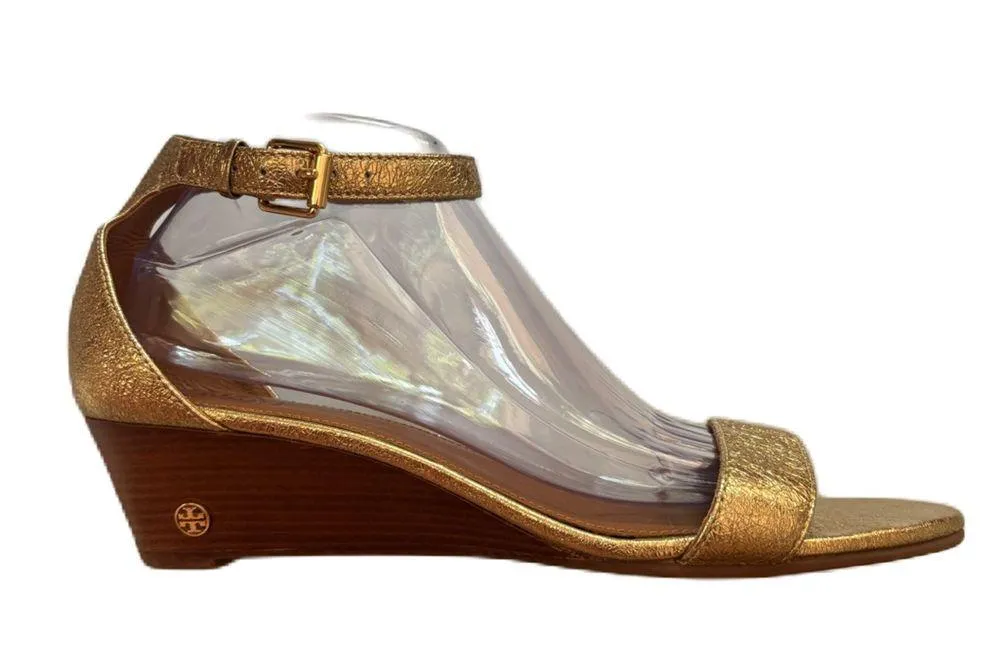 Tory Burch Gold Savannah Wedge Sandal Logo Wedges Heels Size 10 Crackle Metallic - Image 2