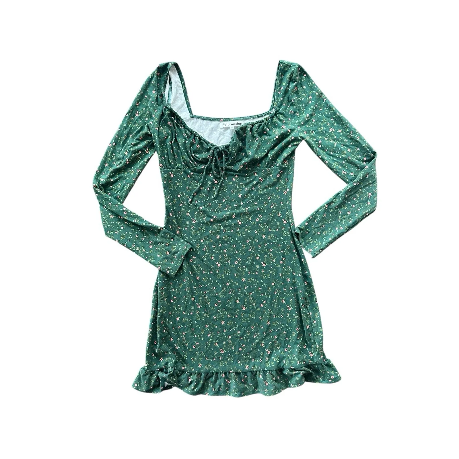 REFORMATION ANJELINE CORIANDER GREEN FLORAL LONG SLEEVE MINI DRESS  XS - Image 5