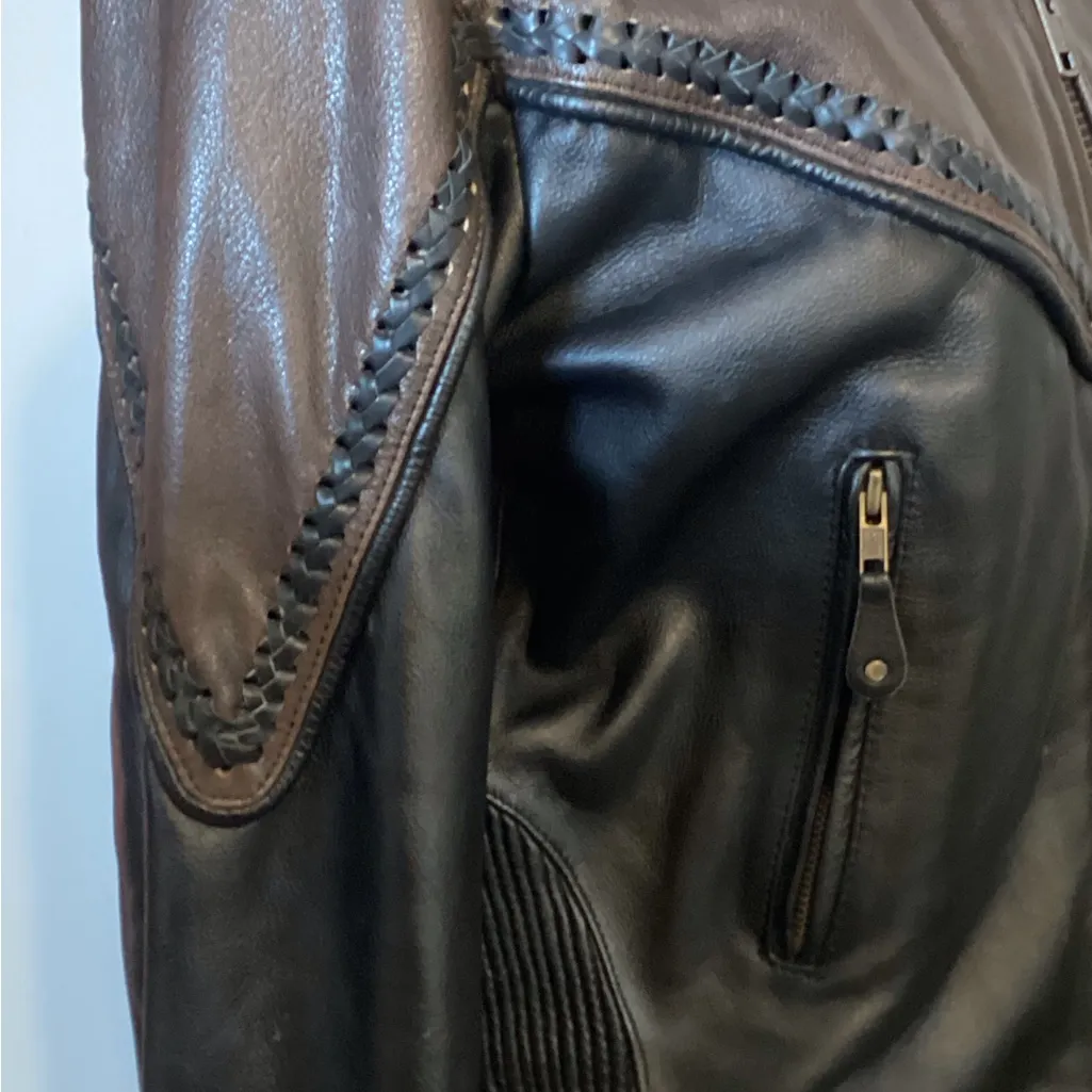 VINTAGE HEAVY LEATHER HIGHWAY LADIES RIDING JACKET BLACK/BROWN BRAIDED Size SM Black - Image 4