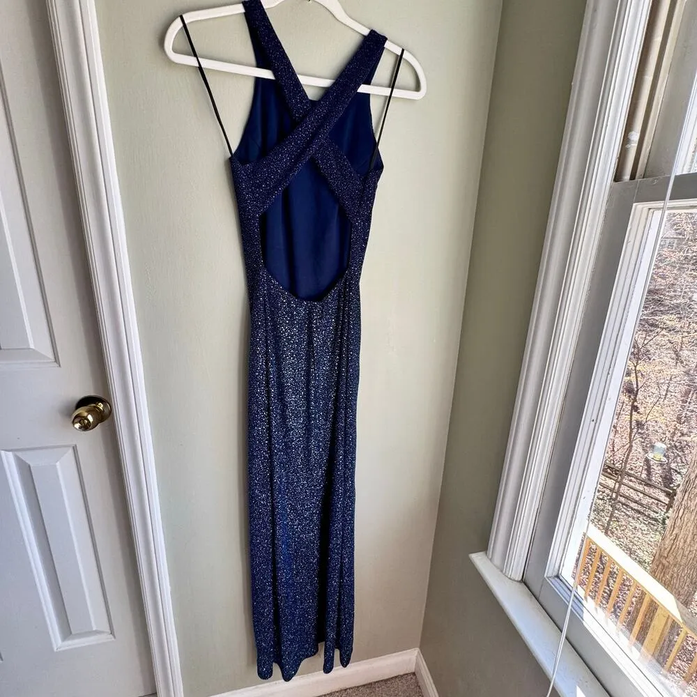 VTG JUMP Blue Ombre Sparkle Maxi Gown Open Back Prom Side Slit Y2K 90s Sz 3/4 - Image 4