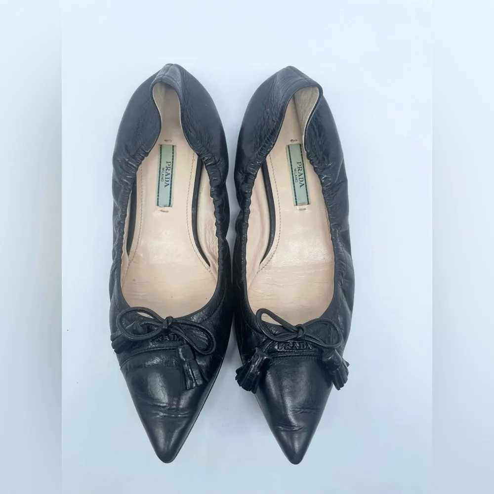 Prada Black Leather Cap toe logo embellish bow tie stretch ballerina flats EU 38 - Image 7