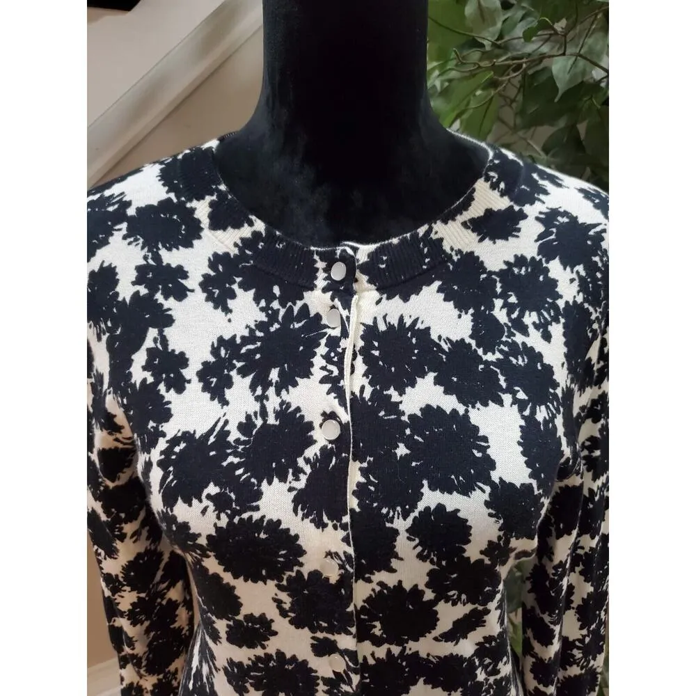 J.Crew Women Black White Floral Cotton Round Neck Long Sleeve Cardigan Sweater M - Image 2