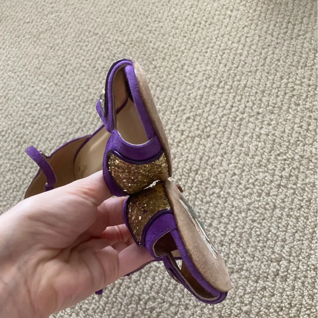 Kate Spade Corinne Carla Glitter Gold Purple High Heel Peep Toe Shoes Like New - Image 7