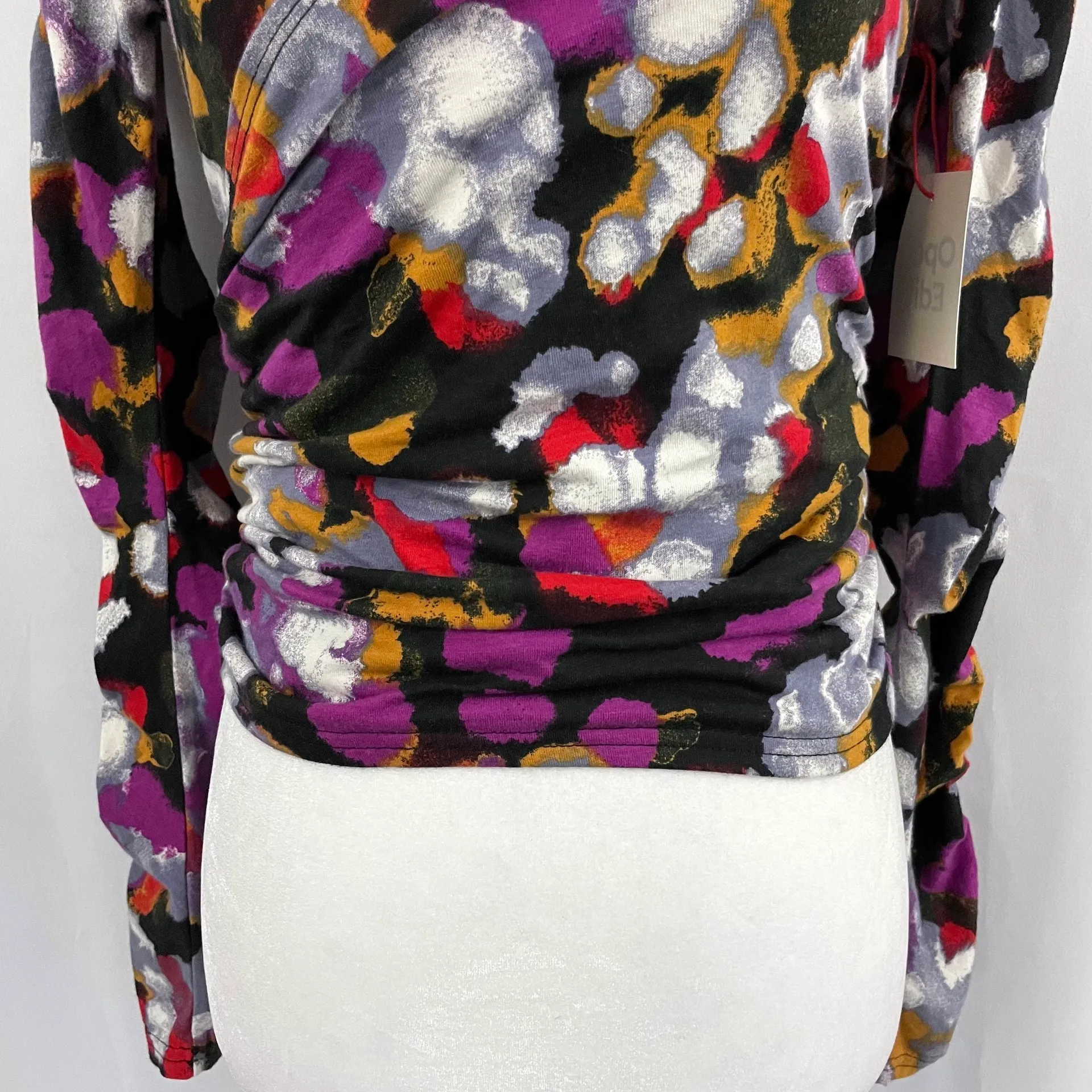 New  Off The Shoulder Top Ruched Long Sleeve Faux Wrap Multicolor Print - Image 9