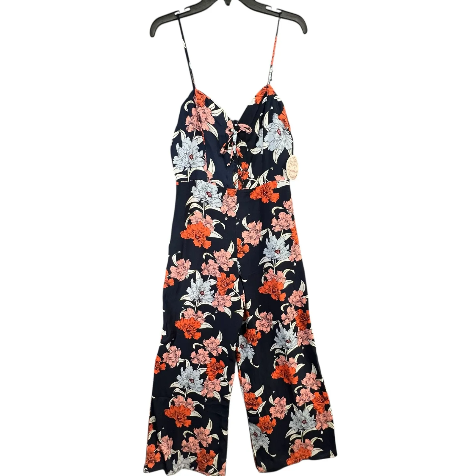 Gypsies & Moondust Jumpsuit XL Navy Blue Floral Lace Up Wide Leg Tropical Boho - Image 2