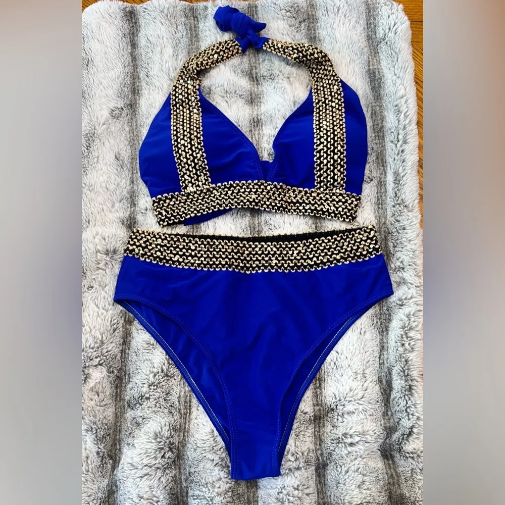 Verdusa 2 Piece High Waisted Bikini Set Chevron Print Tie Back swimsuit NWOT Blue Size XL - Image 4