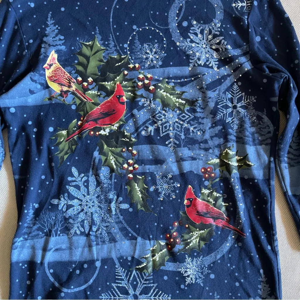 Morning Sun Christmas Cardinal Shirt Small Winter Holiday Snowflake Cotton Blue - Image 6