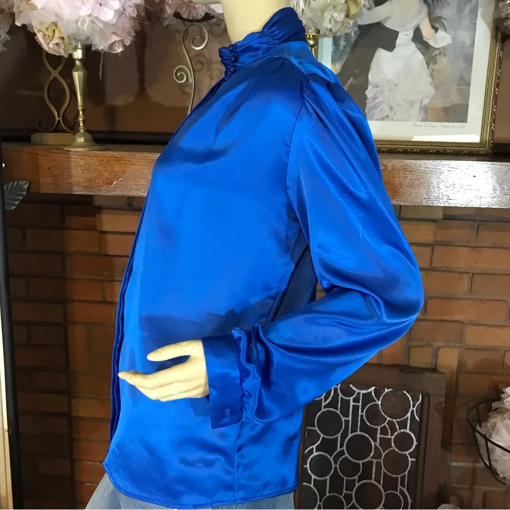 HOT STUFF VINTAGE 1980'S BLUE SATIN BUTTON DOWN MOCK NECK BLOUSE (M) Size M - Image 5