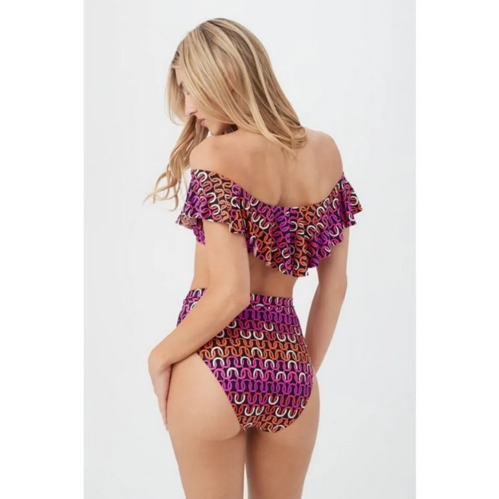 💕TRINA TURK💕 Echo Off The Shoulder Ruffle Bandeau Swim Top Chain Print 6 NWOT - Image 6