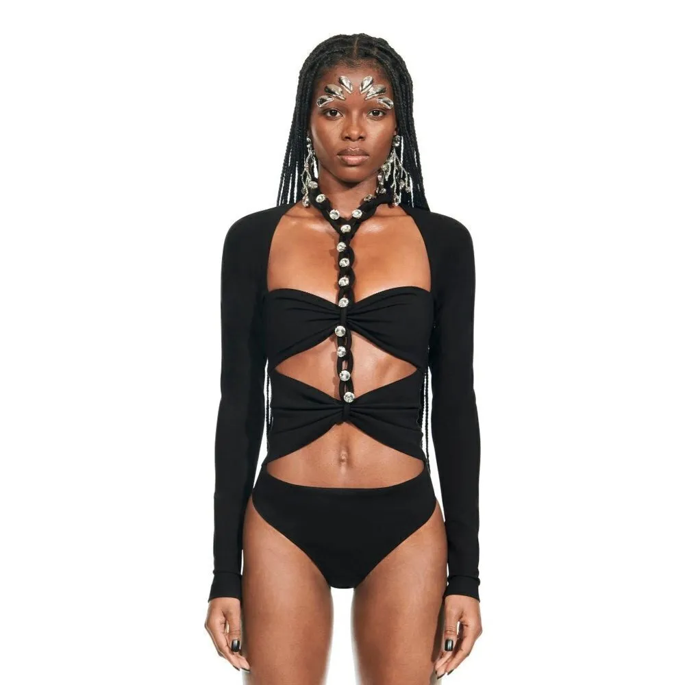AREA Chain Link Long Sleeve Bodysuit in Black Large New Womens Crystal Top - Image 9