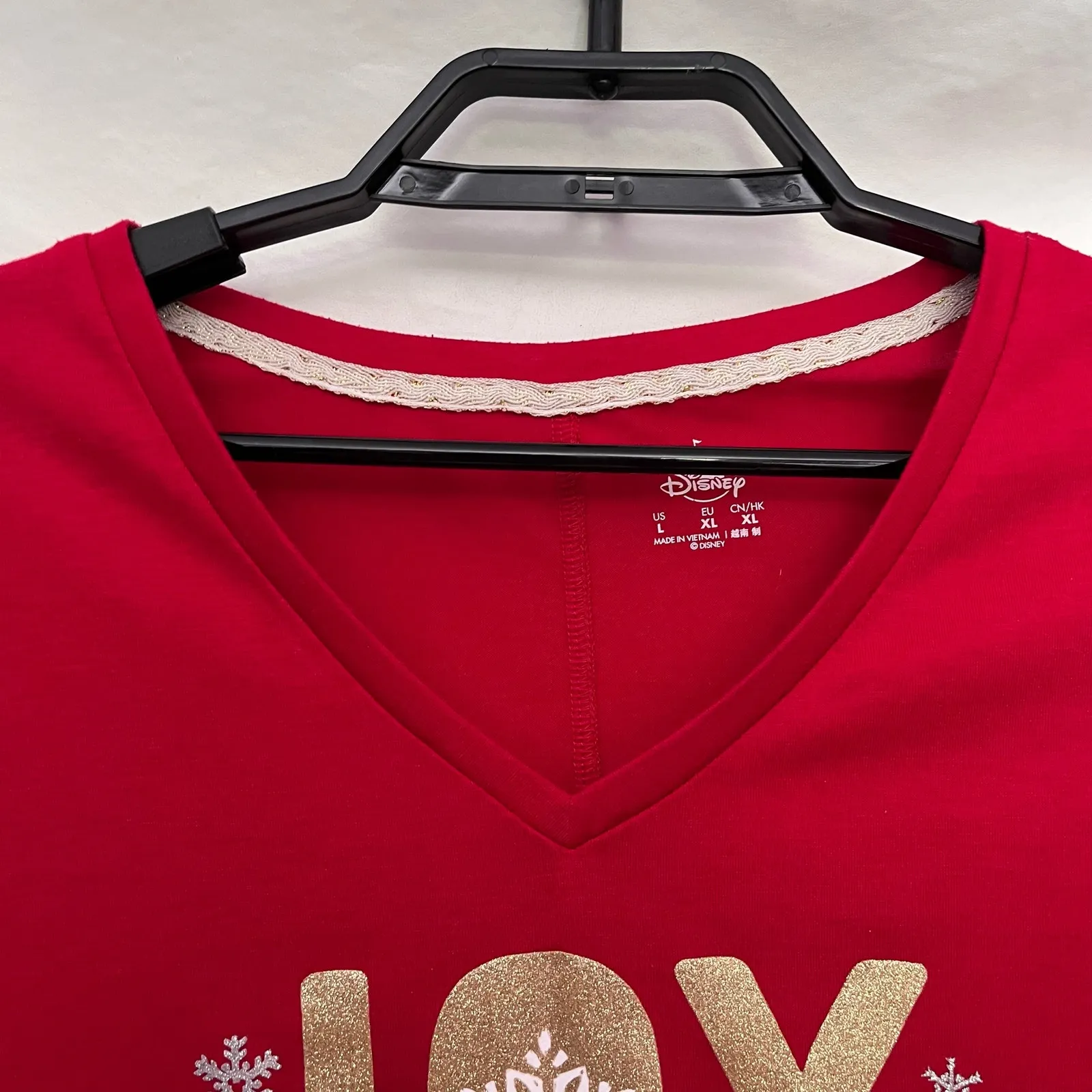 Disney JOY Womens T-Shirt Top Sz L Holiday Glitter Snowflake Christmas Winter - Image 3