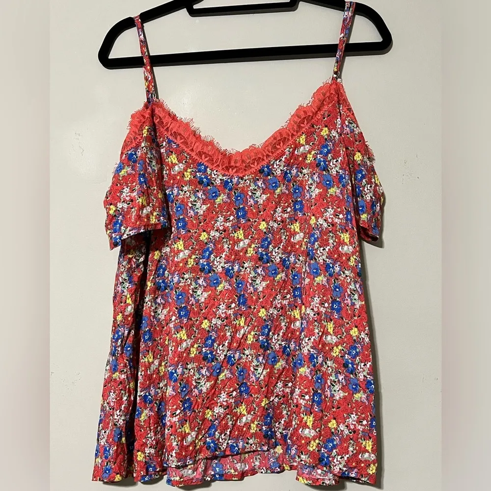 ENTRO size large floral print open shoulder blouse adjustable straps lace trim - Image 4