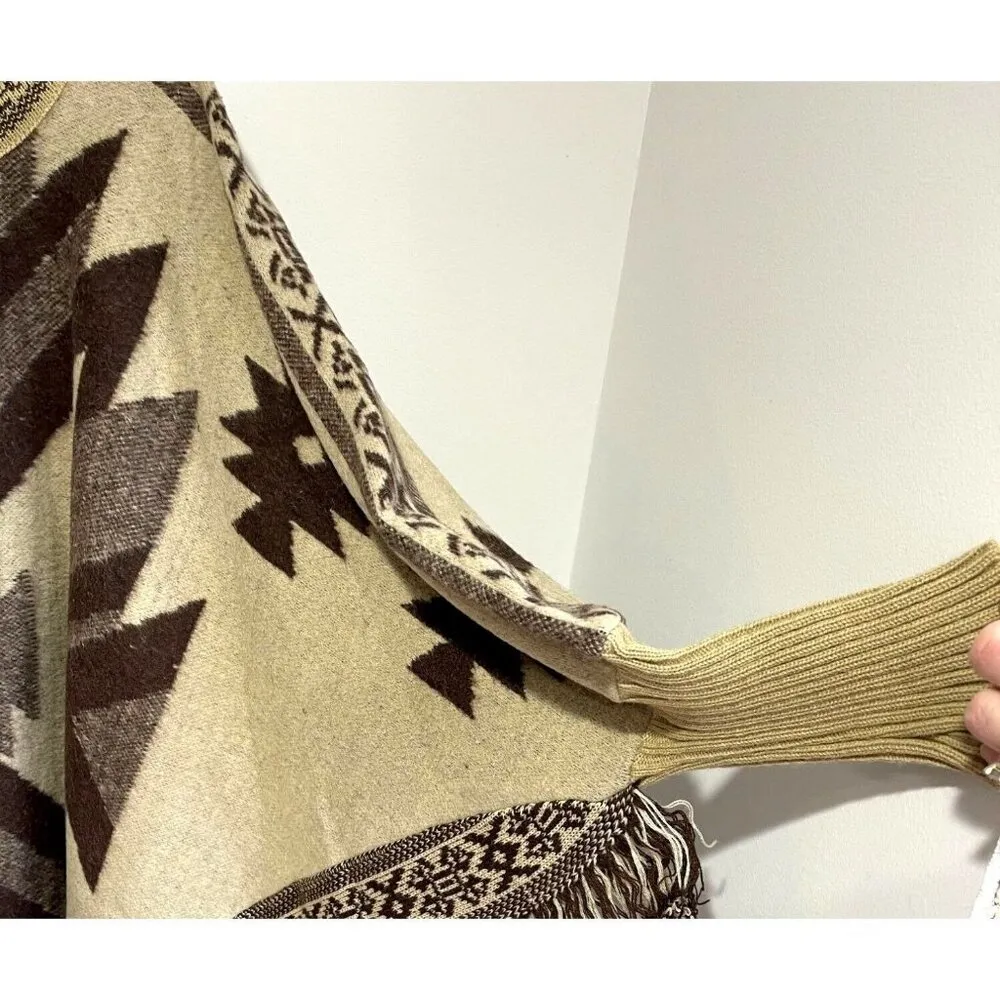 Southwestern Wool Blend Poncho Sweater Fringe Size OS One Size Brown - Image 6