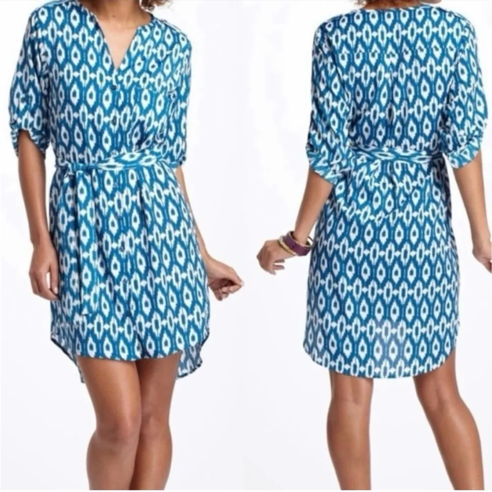 Anthropologie Maeve Frequencies Ikat Turquoise Belted Shirt Dress, Sz L - Image 2