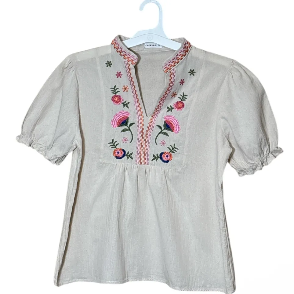 Bundle,Cherrybetty embroidered flowers cream and Shein wine blouse,Size L both Red Size L - Image 3