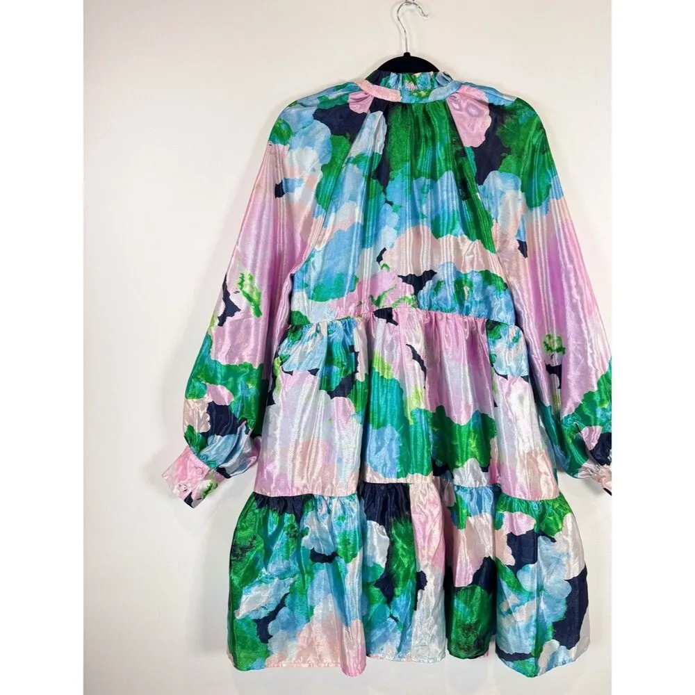 Stine Goya Womens Dress Blue Jasmine Floral Mini Satin Tiered A Line Boho Small - Image 9