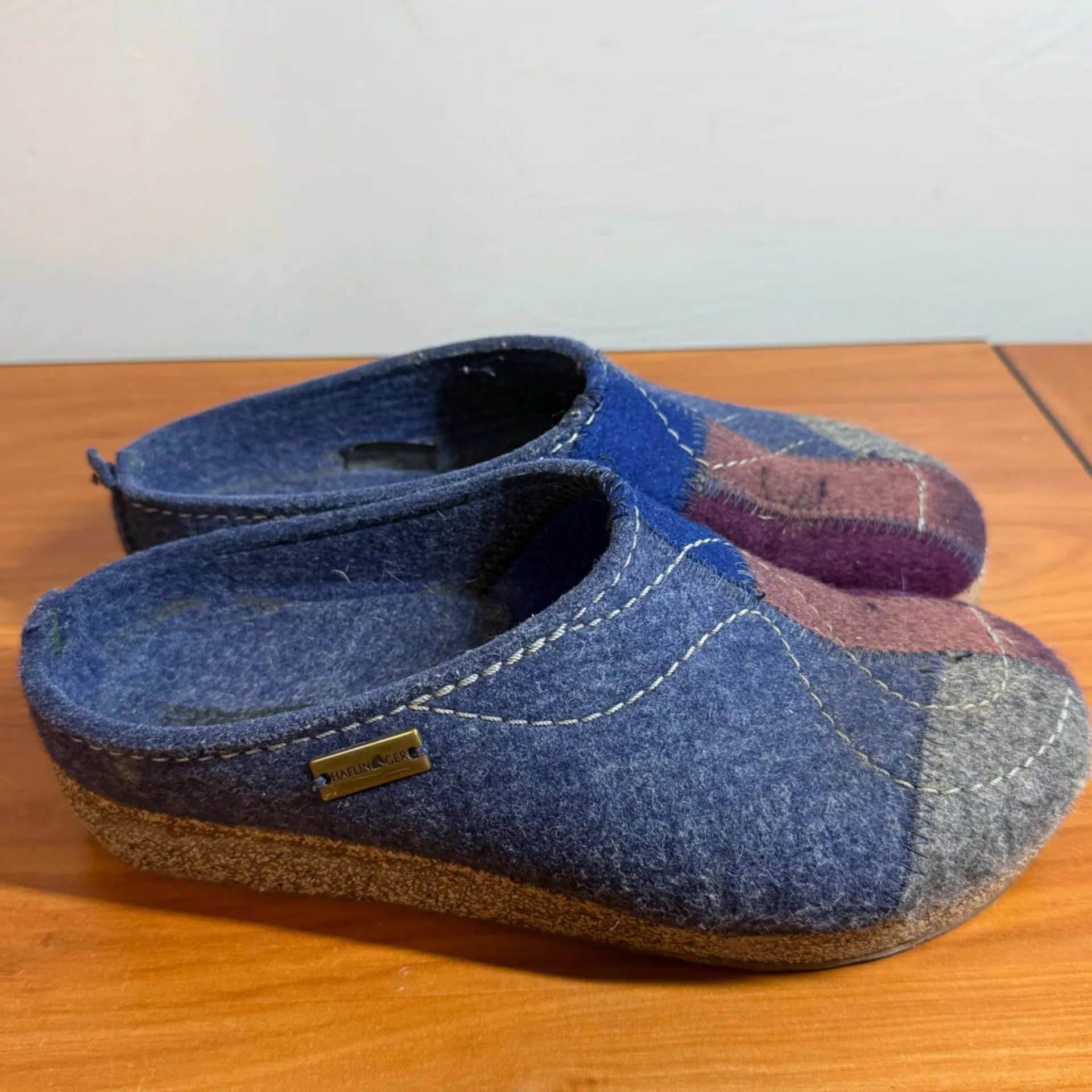 Haflinger Blue and Purple Wool Slip On Clog Mule Patchwork Cork Sole Comfort 38 Size 7 - Image 3