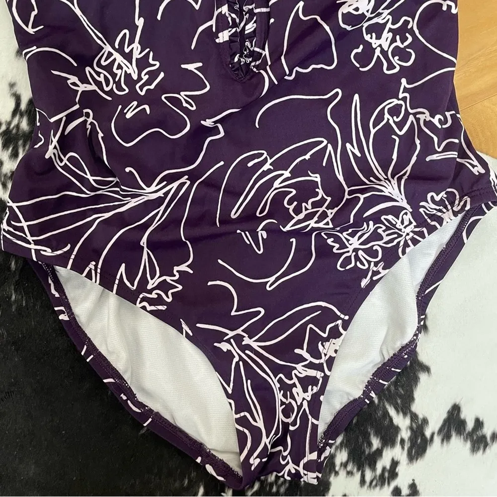 Aqua Green Women’s Sz Medium Purple Floral One Piece Swim Suit - Image 5