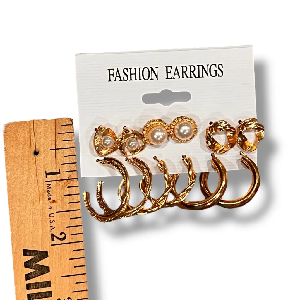 Women's Fashion Jewelry Gold Pearl Geometric Hoop Stud Earrings Set NEW - Image 5