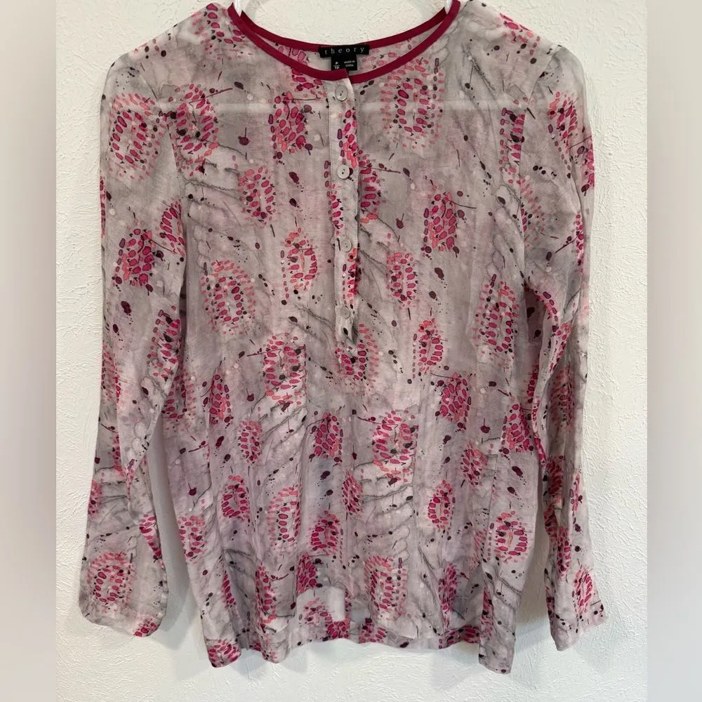 Theory Floral Pink Sheer Silk Cotton Blend Tunic Top S/P EUC - Image 2