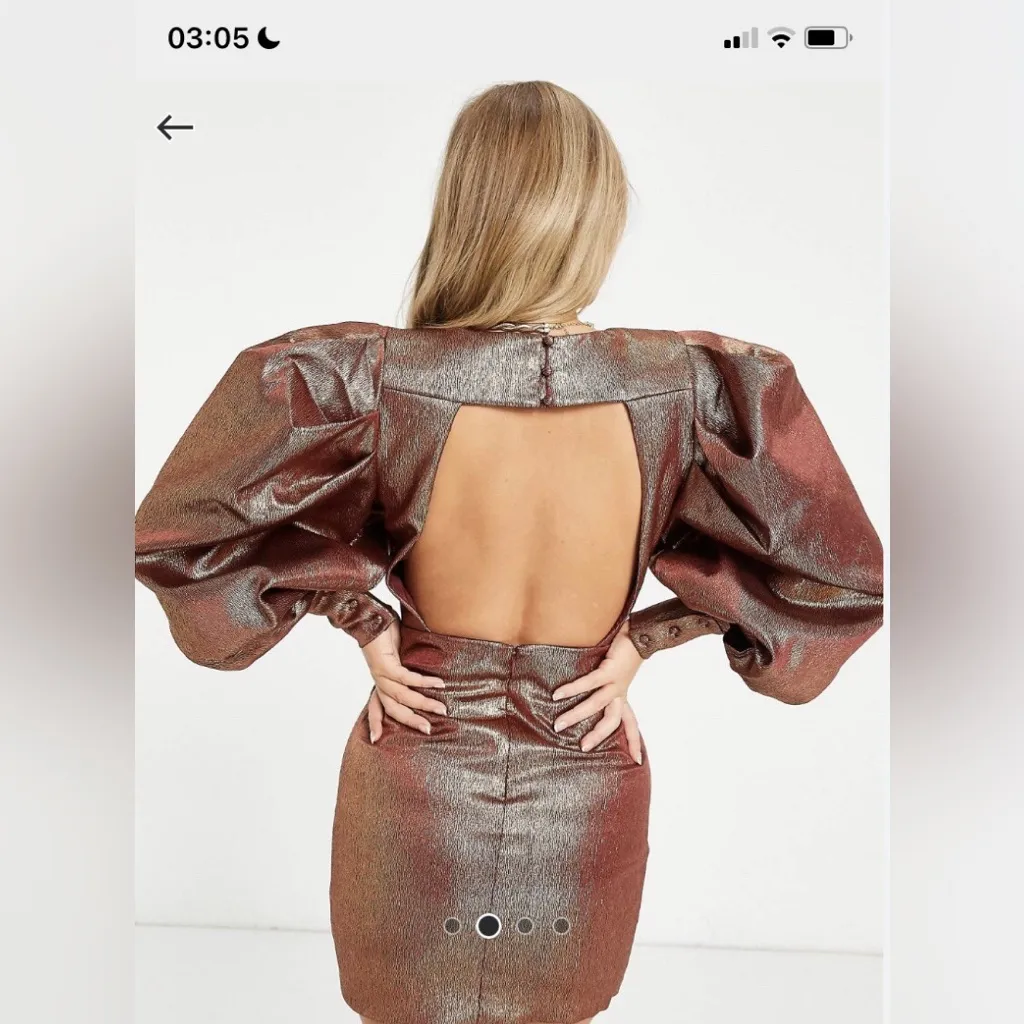 ASOS DESIGN Size 2 Super Sleeve Metallic Open Square Back Tux Mini Dress Gold - Image 2