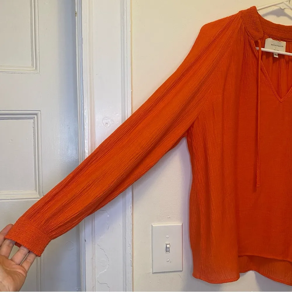 BROCHU WALKER Amaia Tie-Neck Crinkle Blouse in Papaya Orange Sz Medium - Image 6