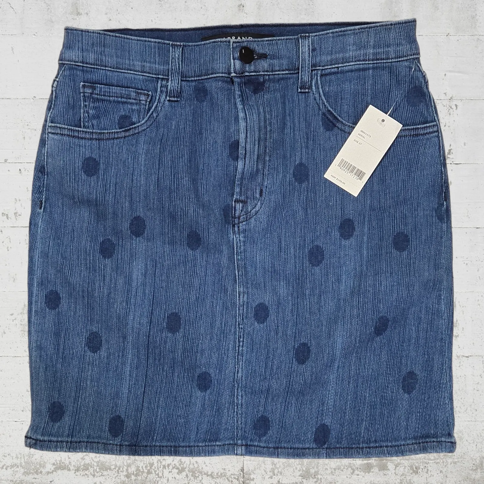 J Brand Dark Wash Polka Dot Low Rise Aerial Lyla NWT Mini Denim Skirt Size 27 - Image 9