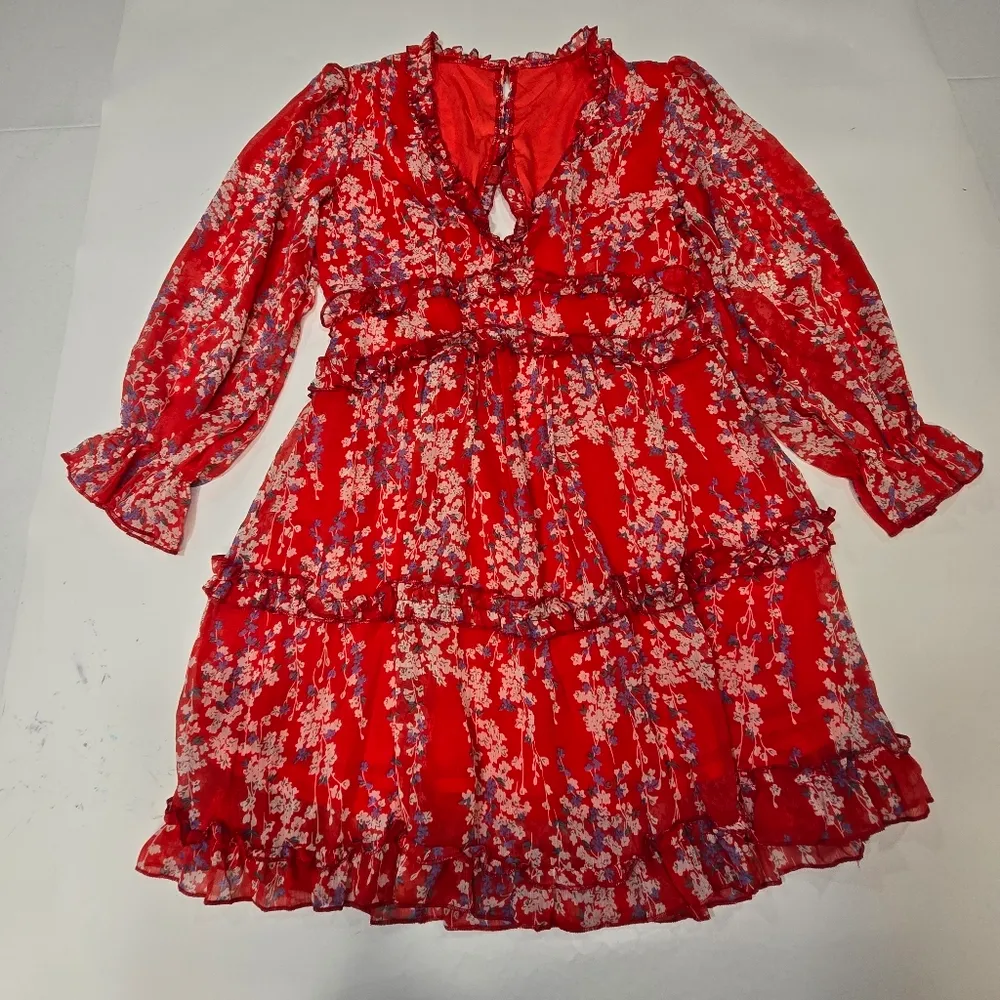 R.Vivimos Long Sleeve Floral Boho Mini Dress in Red Floral Size M - Image 3
