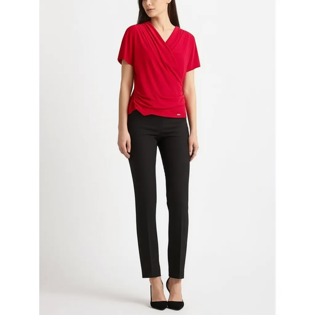 T TAHARI Blouse Size S Red Draped V Neck Short Sleeve Jersey Knit Faux Wrap Top - Image 4