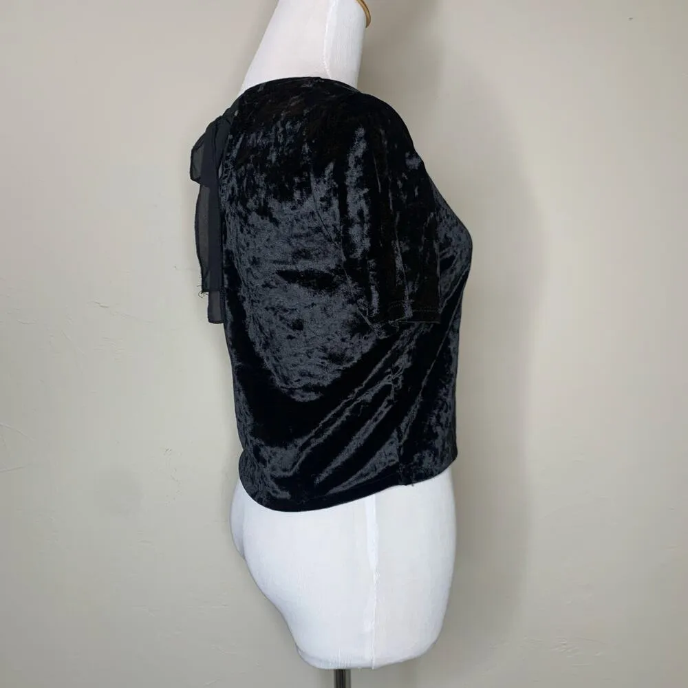 Black Crushed Velour Crop Top Tie Neck Sz Small - Image 5