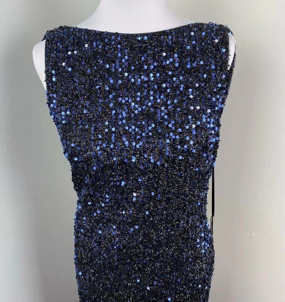 Mac Duggal Midnight Blue Cowl Back Boat Neck Sequined Evening Gown 12 $398 26331 - Image 8