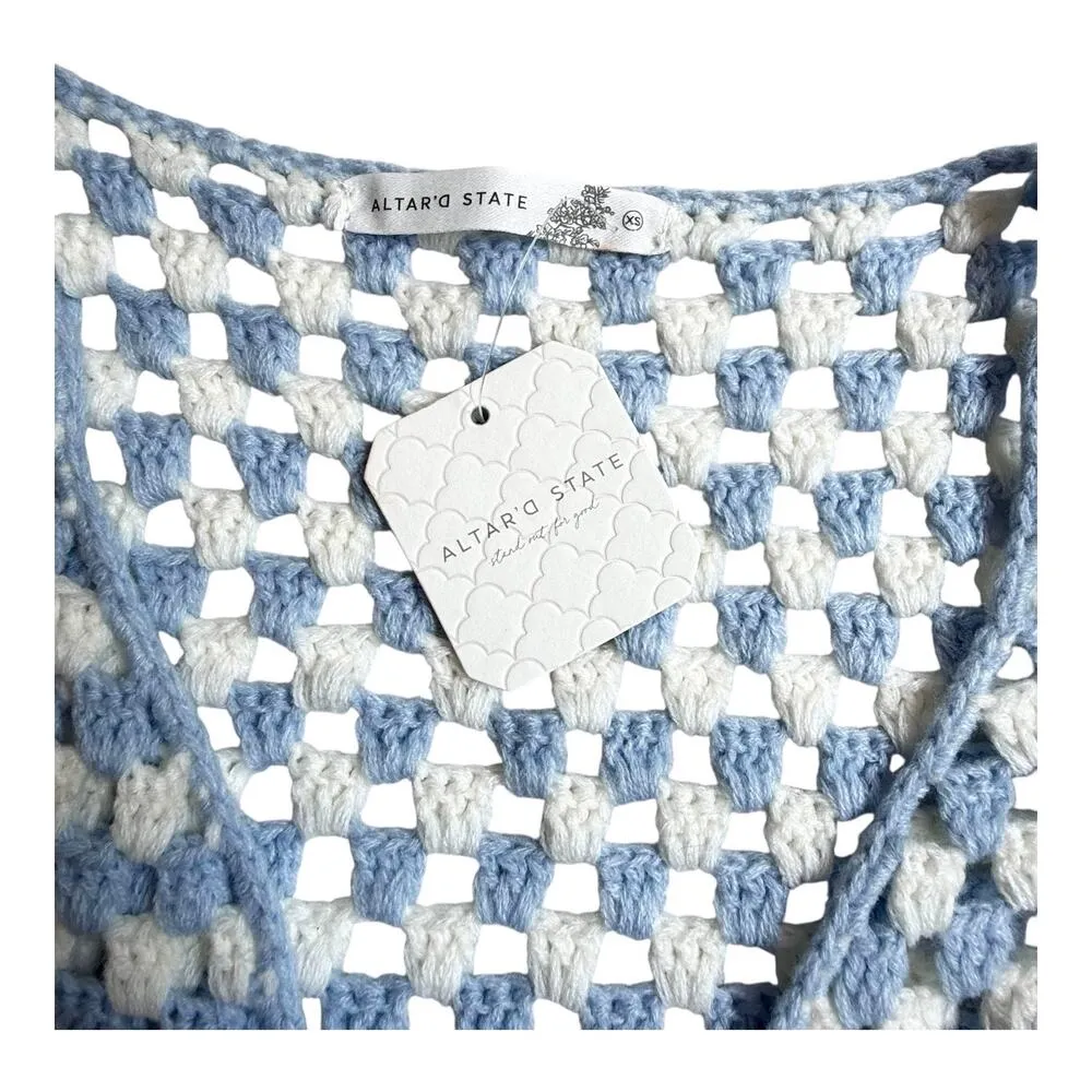 NEW Altard State CROCHET CARDIGAN Women’s XS Tie Front Bell Sleeve Crop Top Blue - Image 3