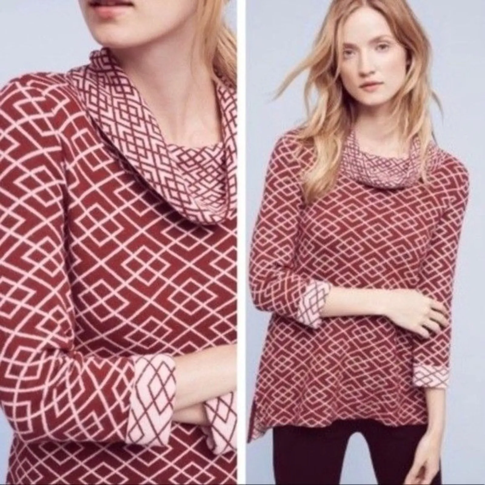 Anthropologie Moth Galena Cowl Neck Sweater L Red Cream Alpaca Blend - Image 2