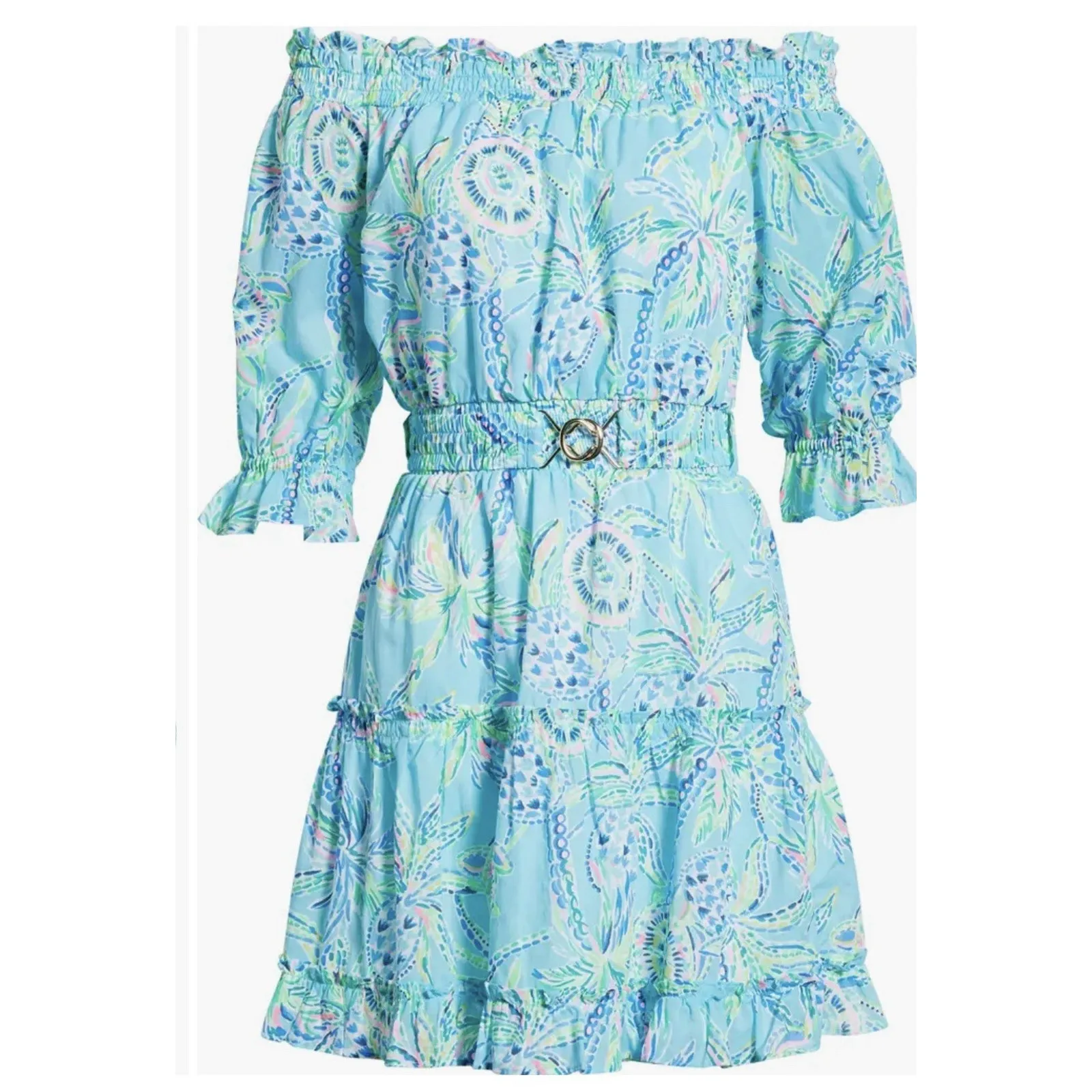 Lilly Pulitzer NWT Off Shoulder Tiered Ruffle Dress Blue Green Floral Size M - Image 6