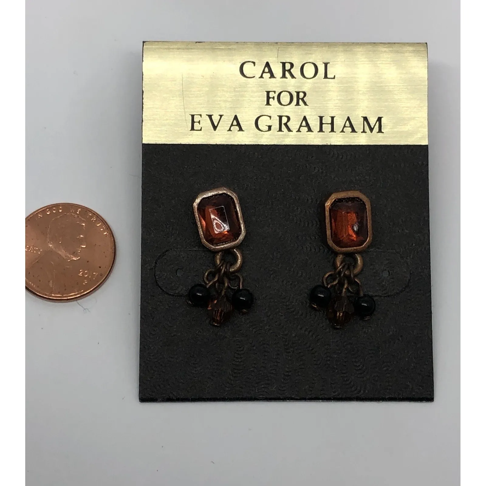NWT Carol for Eva Graham‎ Pierced Earrings Orange Dark Ruby Brass Tone Dangle - Image 6