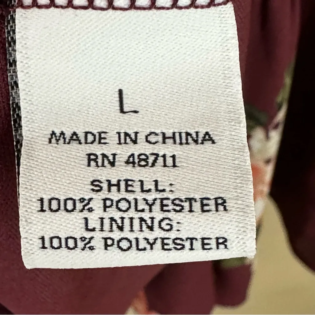 Ophelia Roe Ruffled Burgundy Floral Rose Print Drop Peplum Dress Large - Image 8